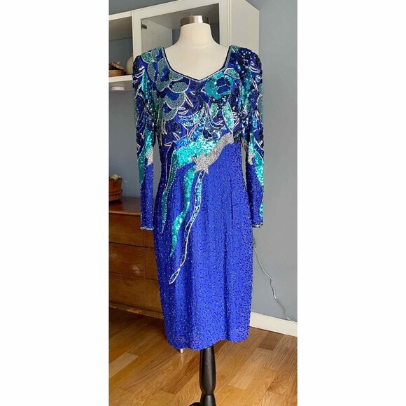 Vintage 80's NiteLine Beaded Sequin Silk Shooting Star Statement Dress Trophy - Picture 8 of 9